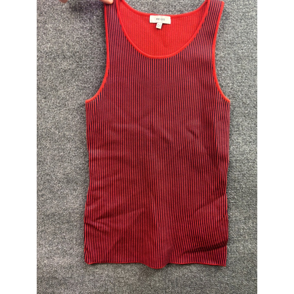 Reiss Tank Top Women Size 2 Red Navy Blue Striped Ribbed Knit Sleeveless Scoop